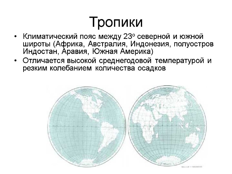 Тропики Климатический пояс между 23о северной и южной широты (Африка, Австралия, Индонезия, полуостров Индостан,